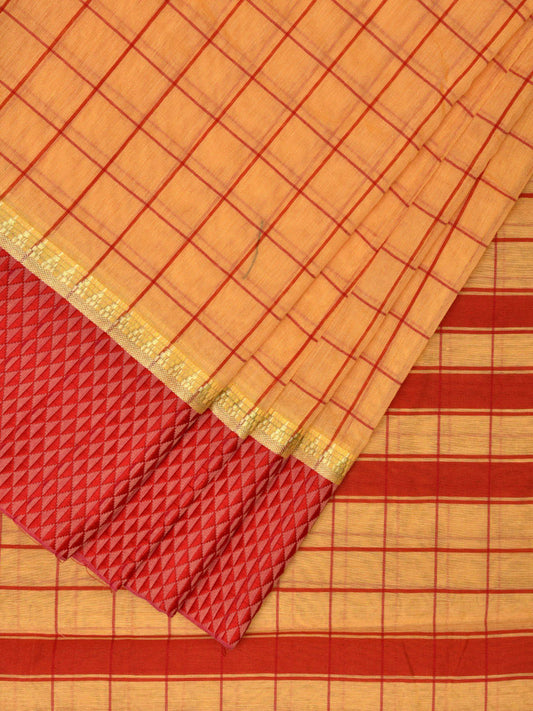 Yellow and Red Bamboo Cotton Saree with Big Checks Design No Blouse bc0522