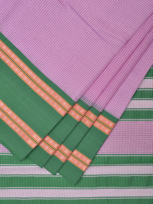 Baby Pink and Green Bamboo Cotton Saree with Small Checks Design No Blouse bc0526