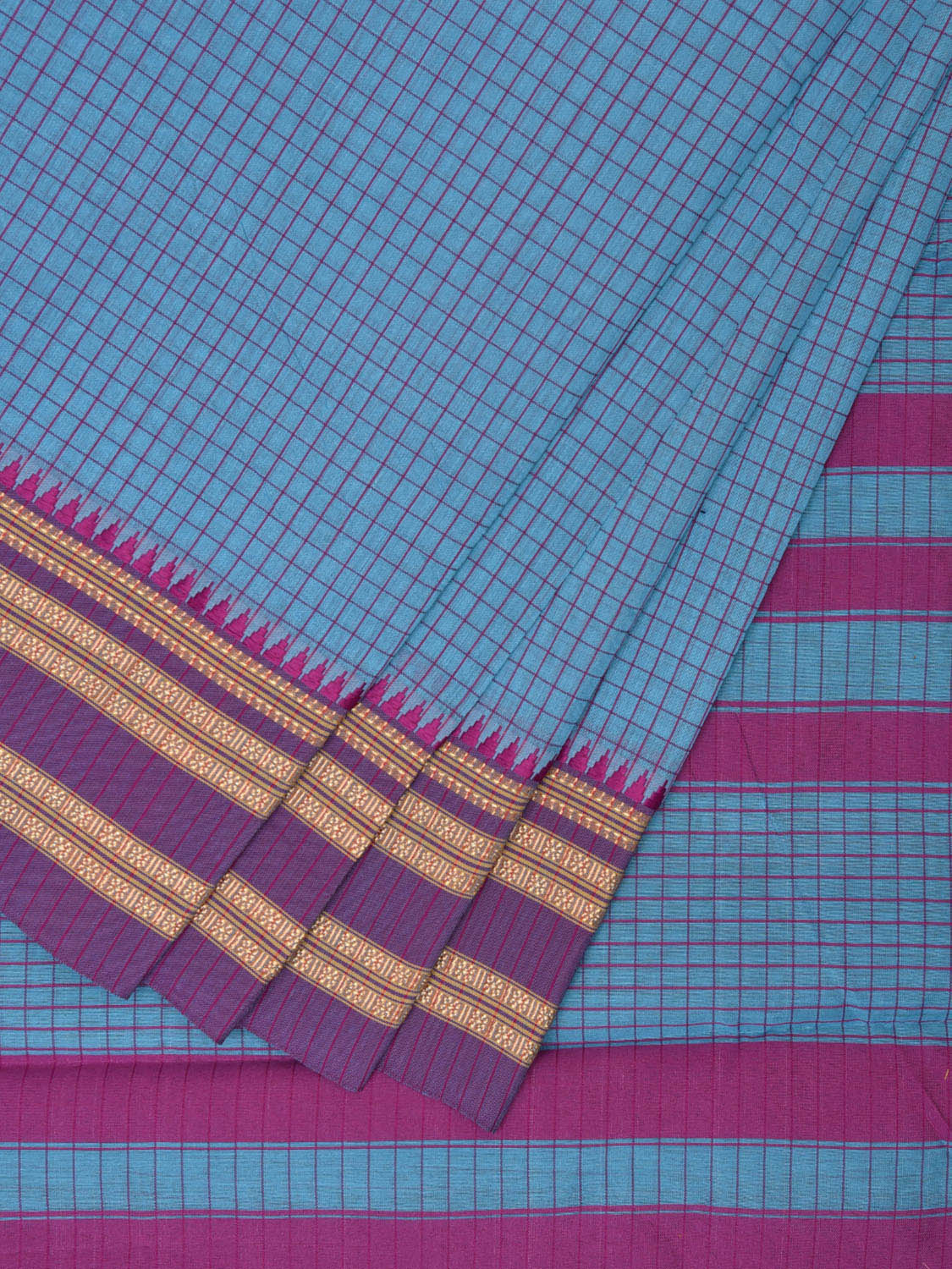 Blue and Pink Bamboo Cotton Saree with Checks Design No Blouse bc0528
