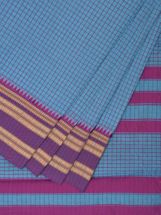 Blue and Pink Bamboo Cotton Saree with Checks Design No Blouse bc0528