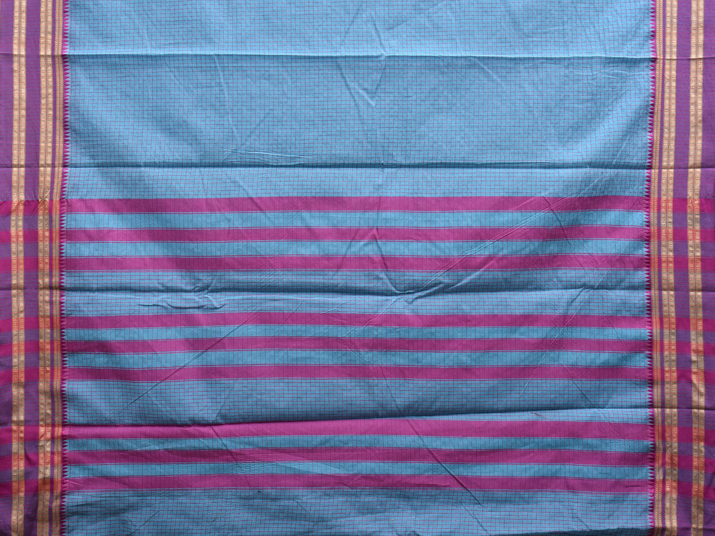 Blue and Pink Bamboo Cotton Saree with Checks Design No Blouse bc0528