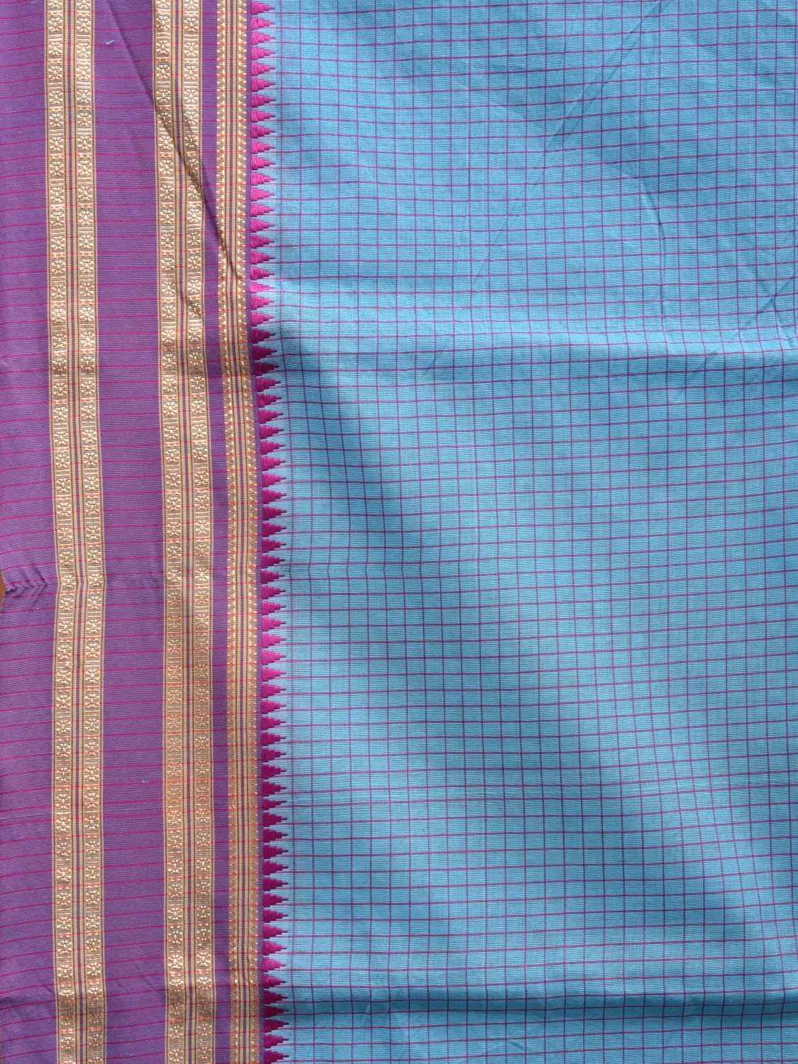 Blue and Pink Bamboo Cotton Saree with Checks Design No Blouse bc0528
