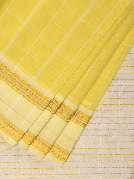Yellow and White Bamboo Cotton Saree with Big Checks Design No Blouse bc0530