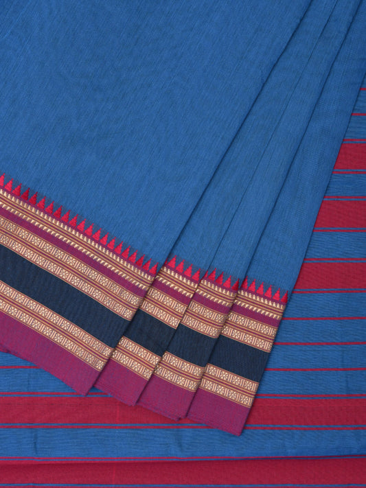 Blue and Pink Bamboo Cotton Plain Saree with Strips Pallu Design No Blouse bc0531