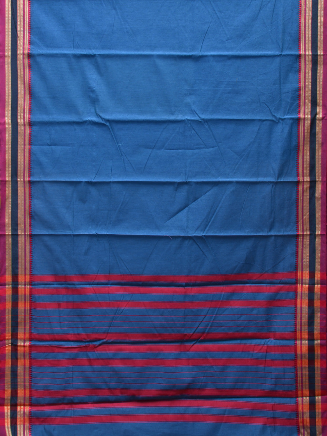 Blue and Pink Bamboo Cotton Plain Saree with Strips Pallu Design No Blouse bc0531