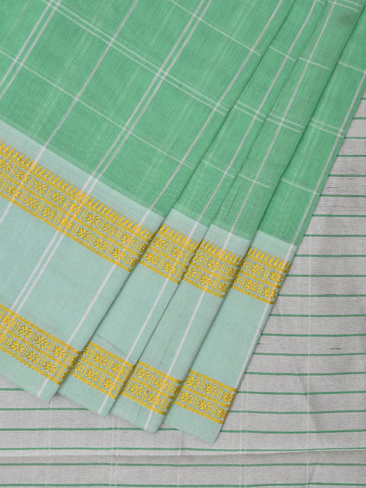 Turquoise and White Bamboo Cotton Saree with Big Checks Design No Blouse bc0533