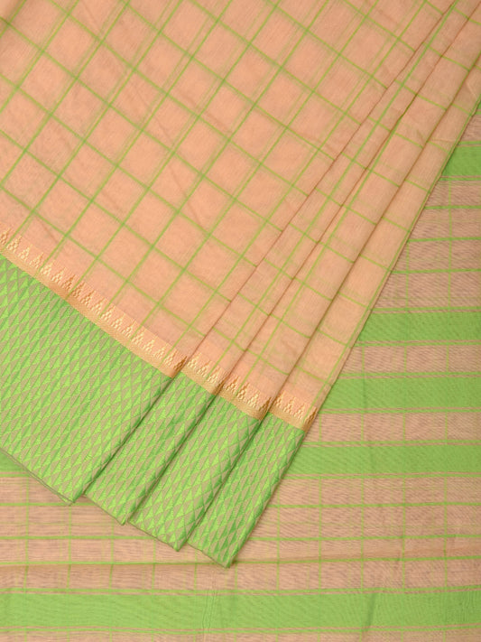 Cream and Light Green Bamboo Cotton Saree with Big Checks Design No Blouse bc0534