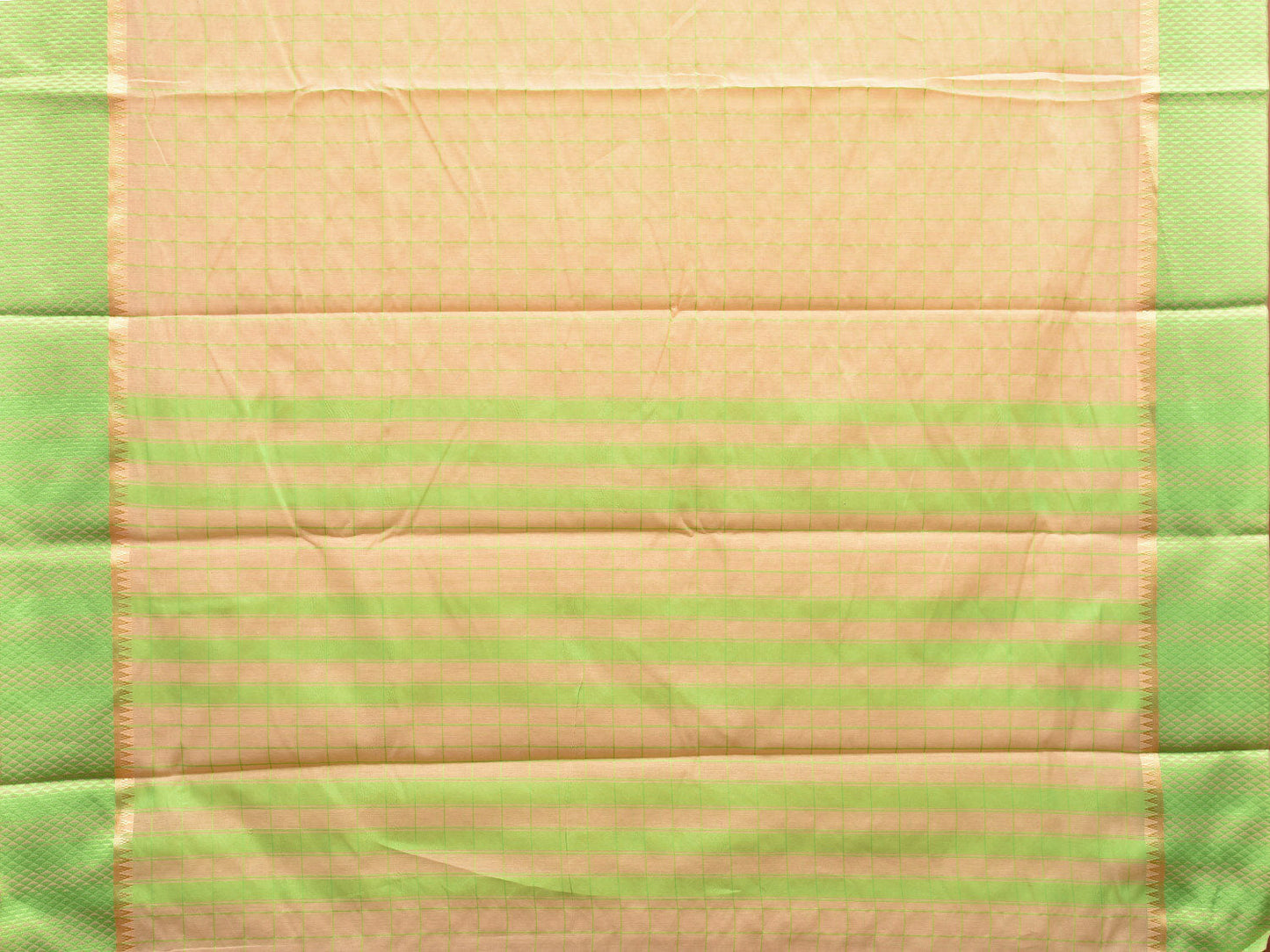 Cream and Light Green Bamboo Cotton Saree with Big Checks Design No Blouse bc0534