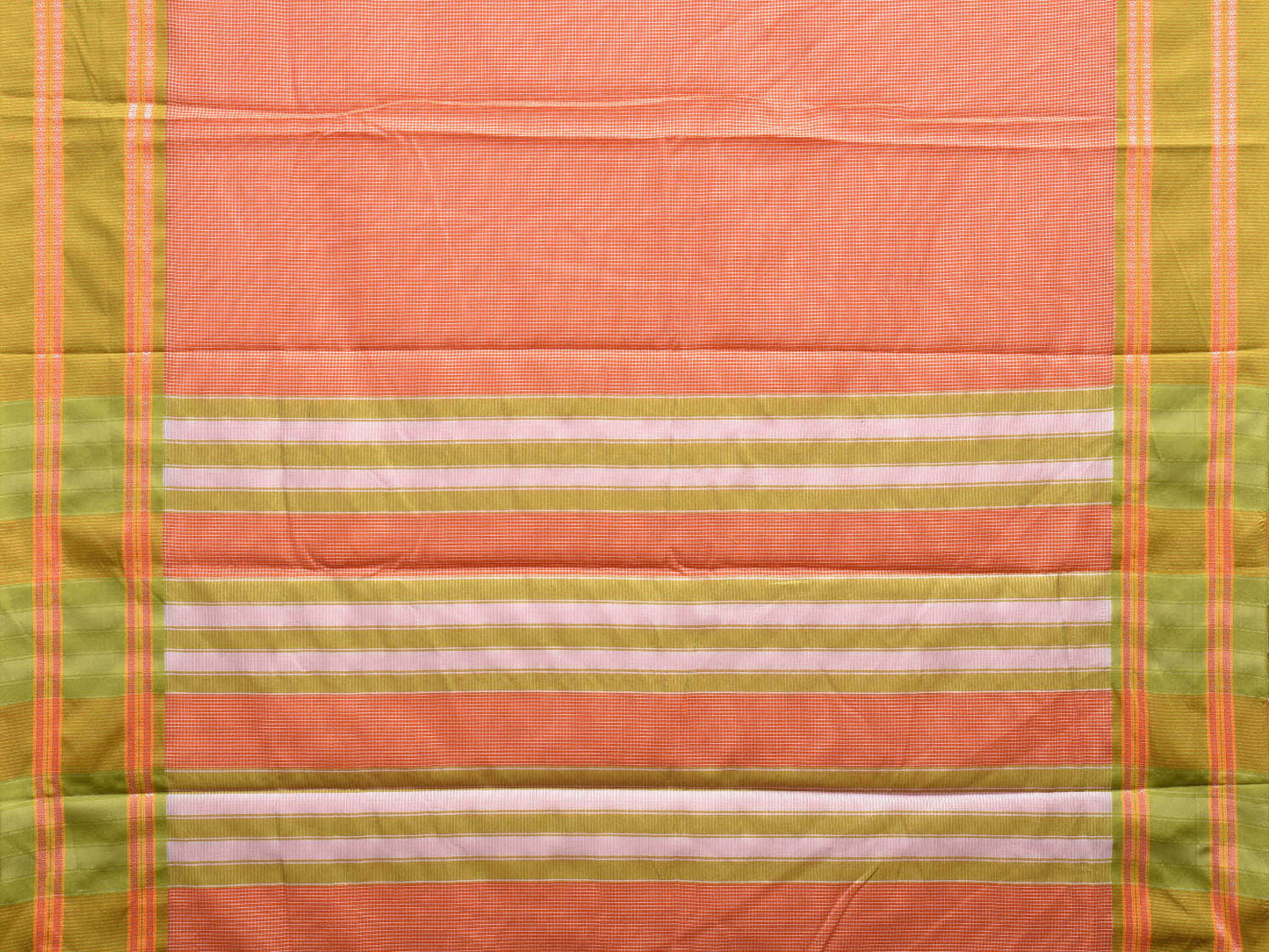 Orange and Green Bamboo Cotton Saree with Small Checks Design No Blouse bc0535
