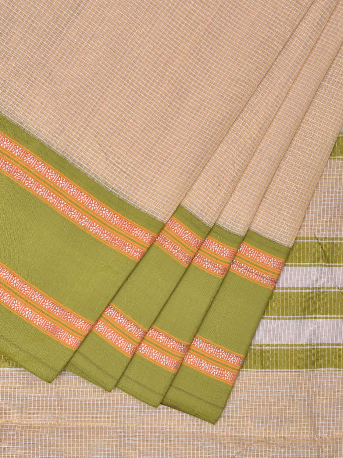 Cream and Green Bamboo Cotton Saree with Small Checks Design No Blouse bc0536