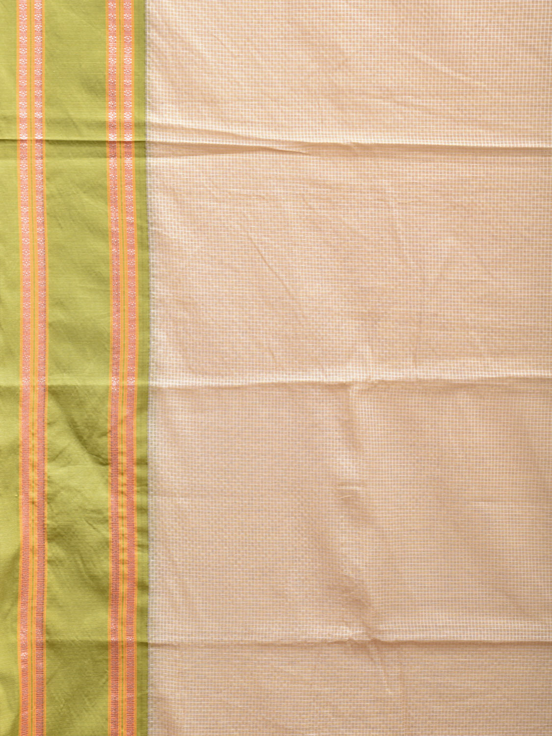 Cream and Green Bamboo Cotton Saree with Small Checks Design No Blouse bc0536