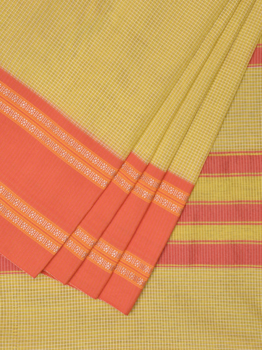 Yellow and Peach Bamboo Cotton Saree with Small Checks Design No Blouse bc0537