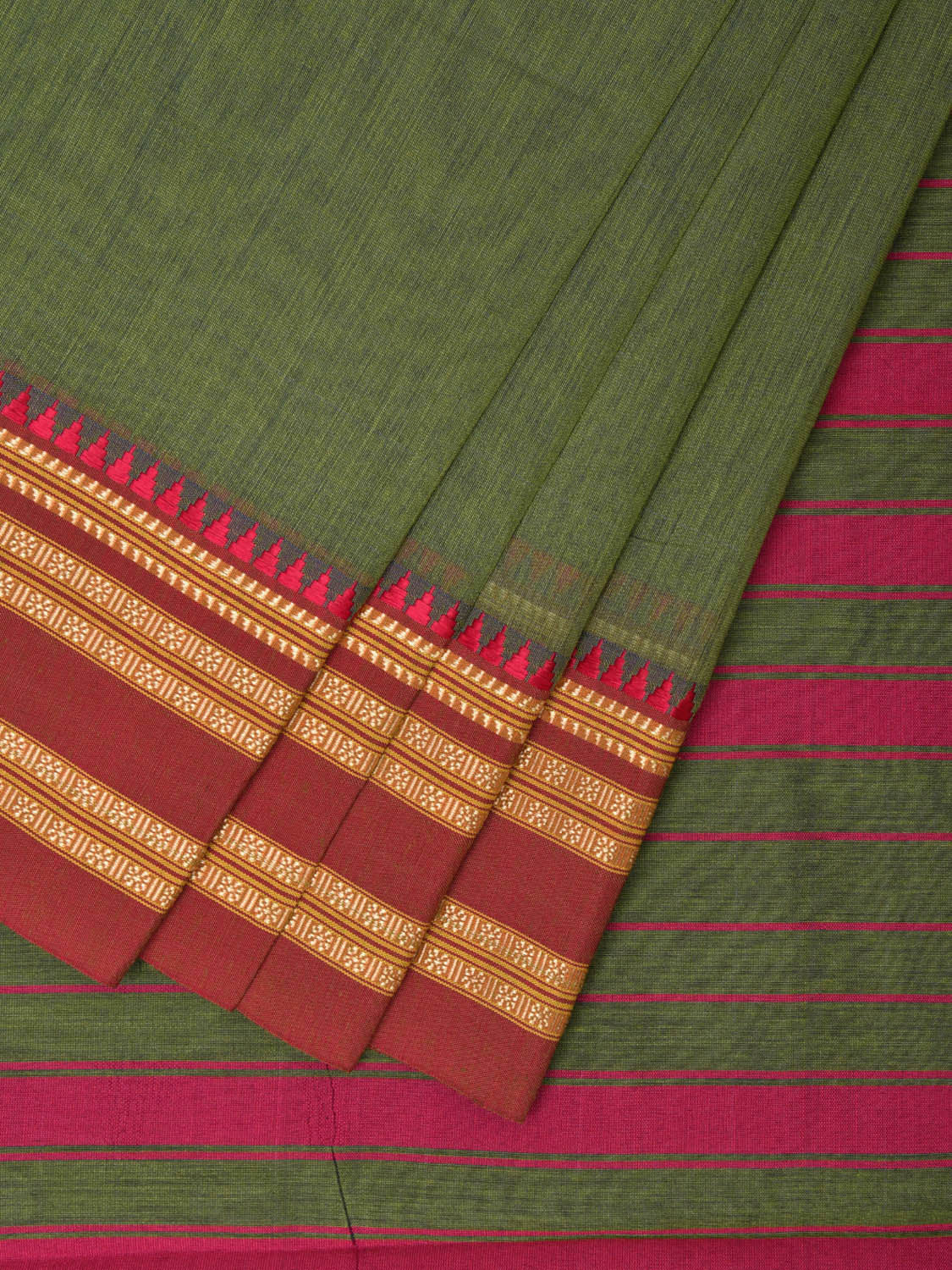 Dark Olive and Pink Bamboo Cotton Plain Saree with Strips Pallu Design No Blouse bc0538