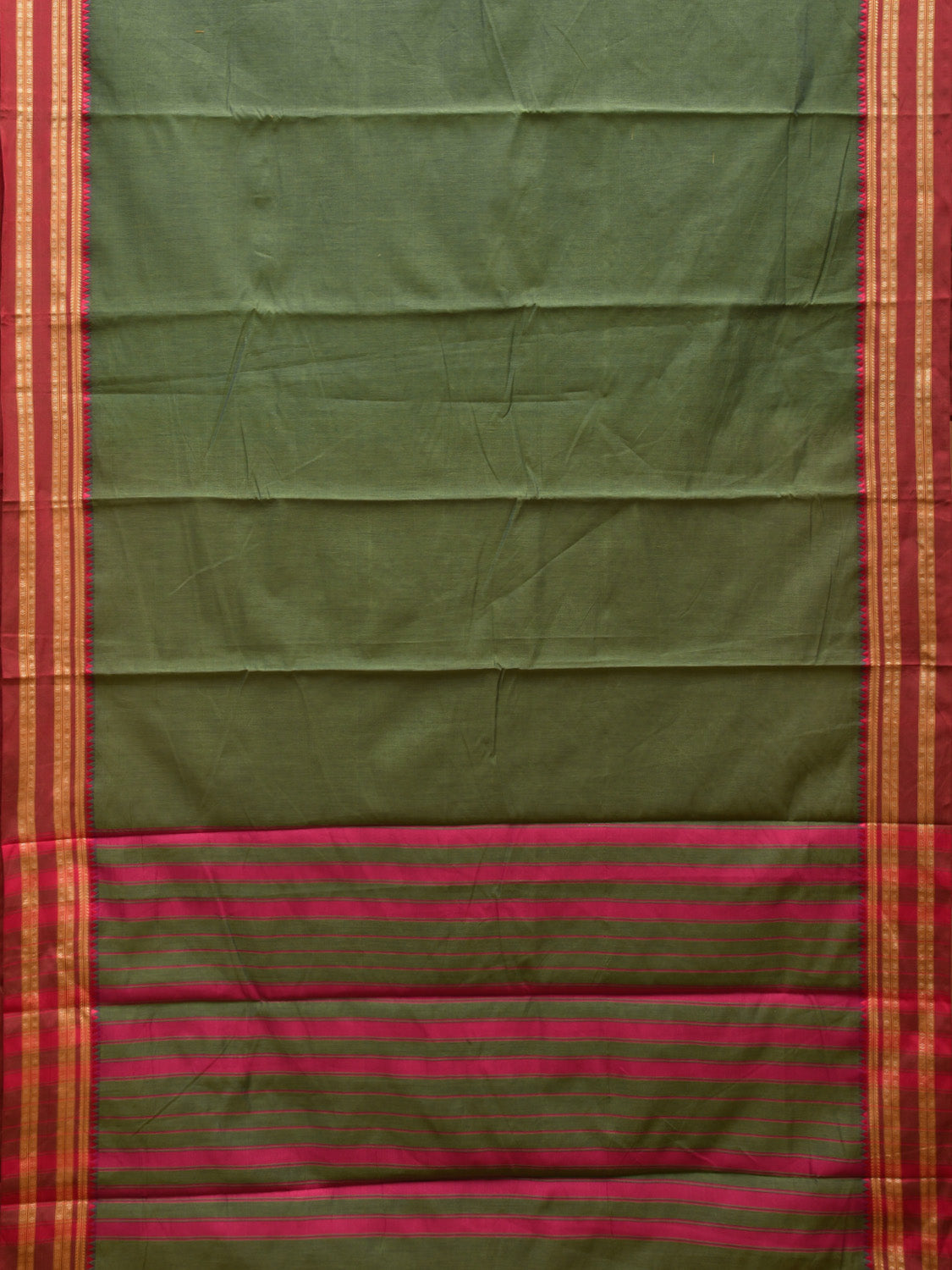 Dark Olive and Pink Bamboo Cotton Plain Saree with Strips Pallu Design No Blouse bc0538