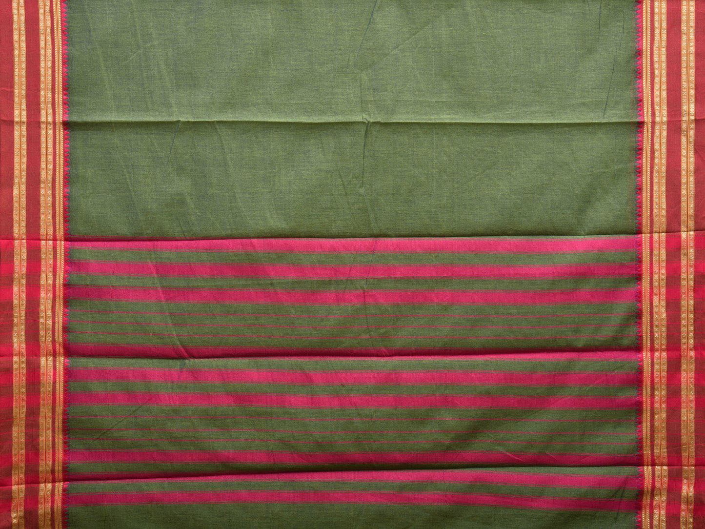 Dark Olive and Pink Bamboo Cotton Plain Saree with Strips Pallu Design No Blouse bc0538