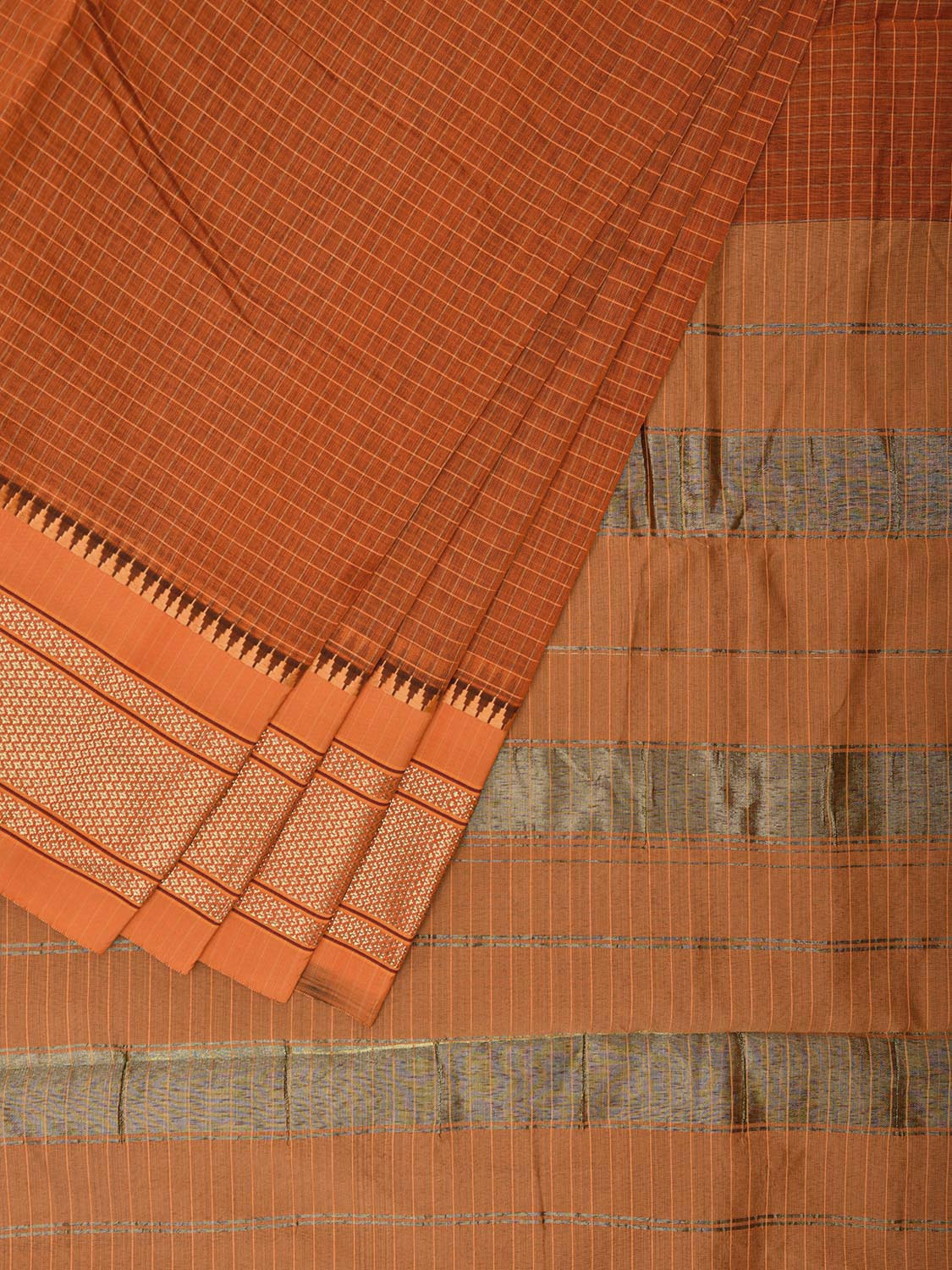 Orange and Mustard Bamboo Cotton Saree with Checks Design No Blouse bc0539