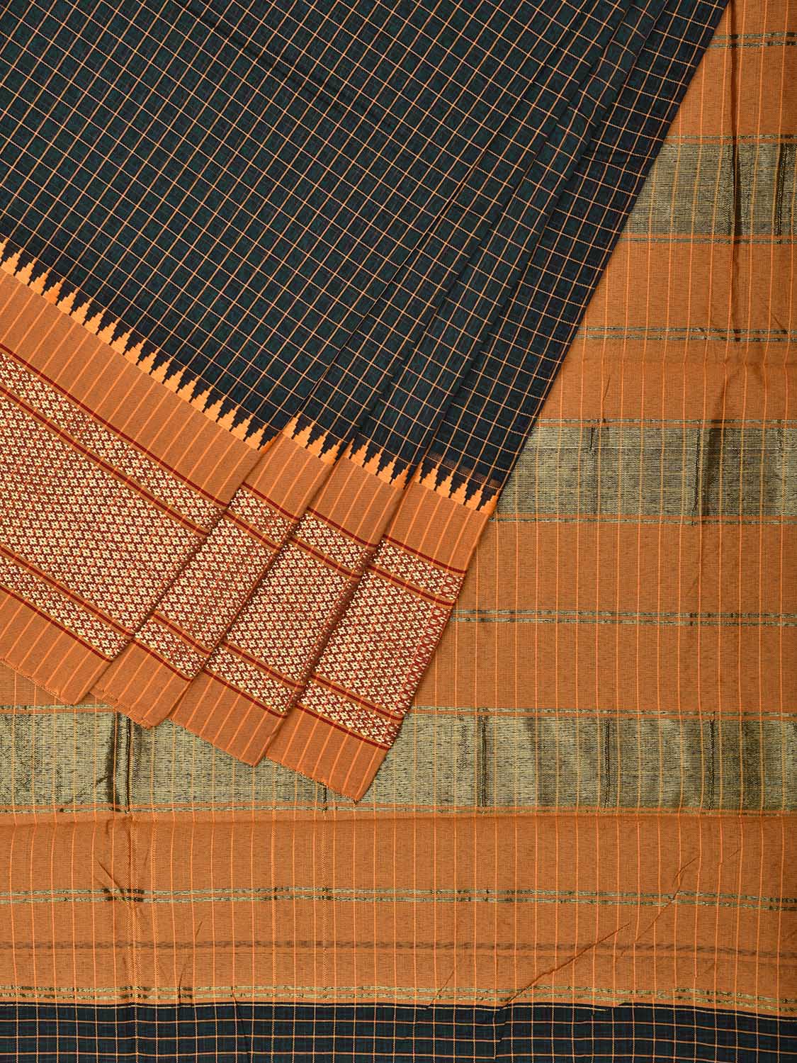 Dark Green and Mustard Bamboo Cotton Saree with Checks Design No Blouse bc0540