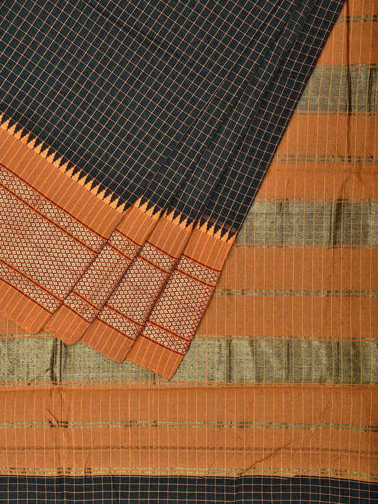 Dark Green and Mustard Bamboo Cotton Saree with Checks Design No Blouse bc0540