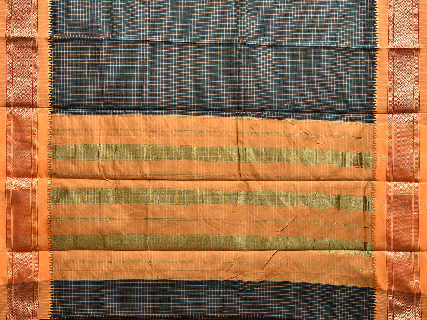 Dark Green and Mustard Bamboo Cotton Saree with Checks Design No Blouse bc0540