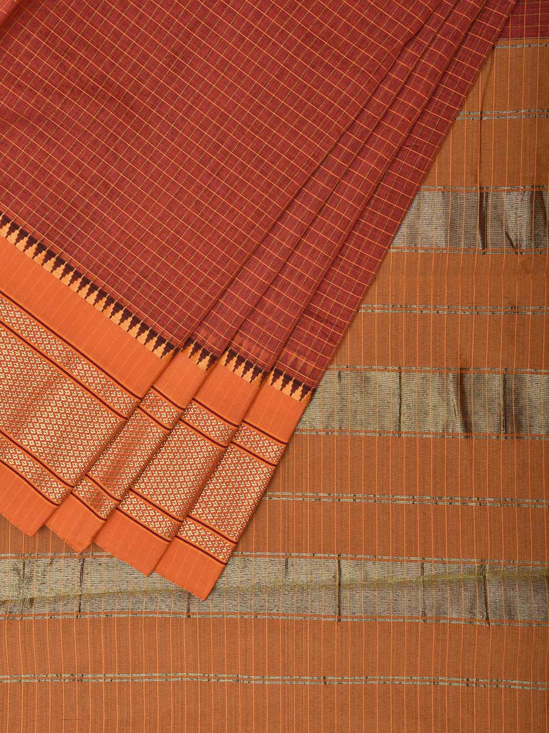 Rust and Mustard Bamboo Cotton Saree with Checks Design No Blouse bc0541