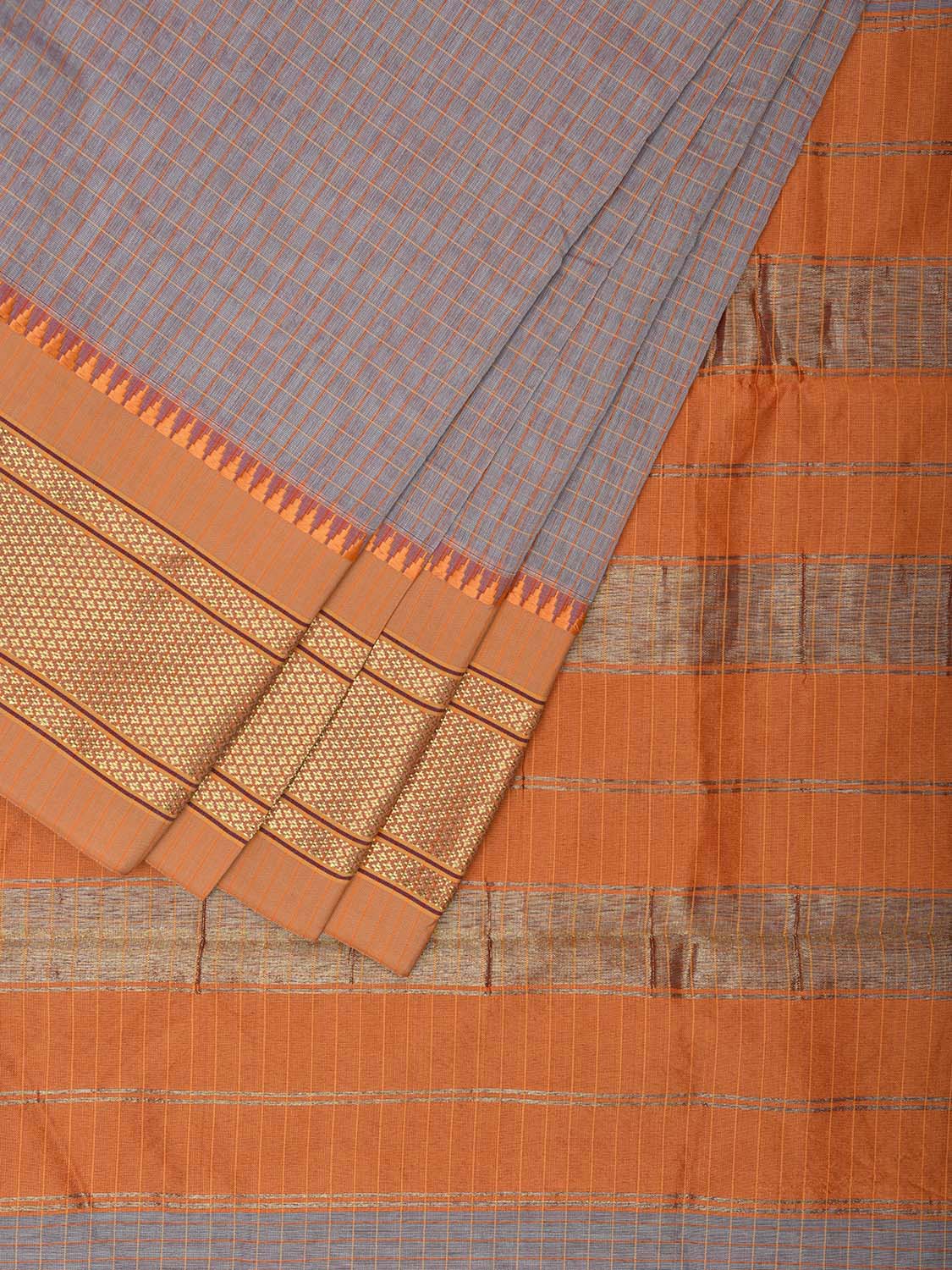 Light Grey and Mustard Bamboo Cotton Saree with Checks Design No Blouse bc0542
