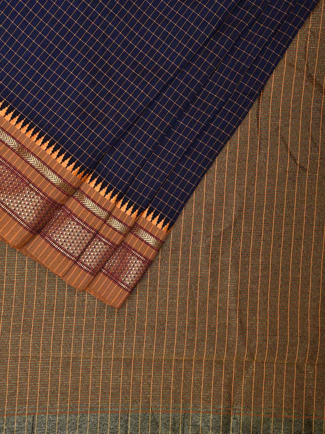 Navy and Mustard Bamboo Viscose Silk Saree with Checks Design No Blouse bc0543