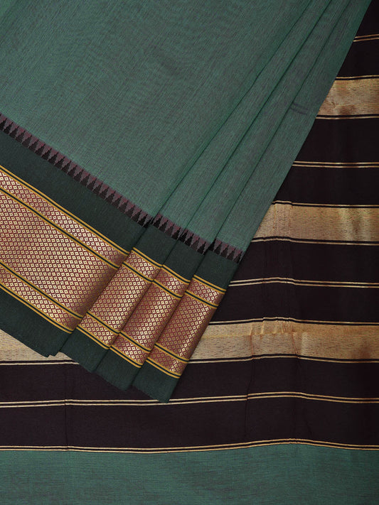 Teal and Black Bamboo Cotton Plain Saree with Contrast Pallu Design No Blouse bc0546