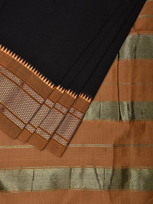 Black and Mustard Bamboo Cotton Plain Saree with Contrast Pallu Design No Blouse bc0548
