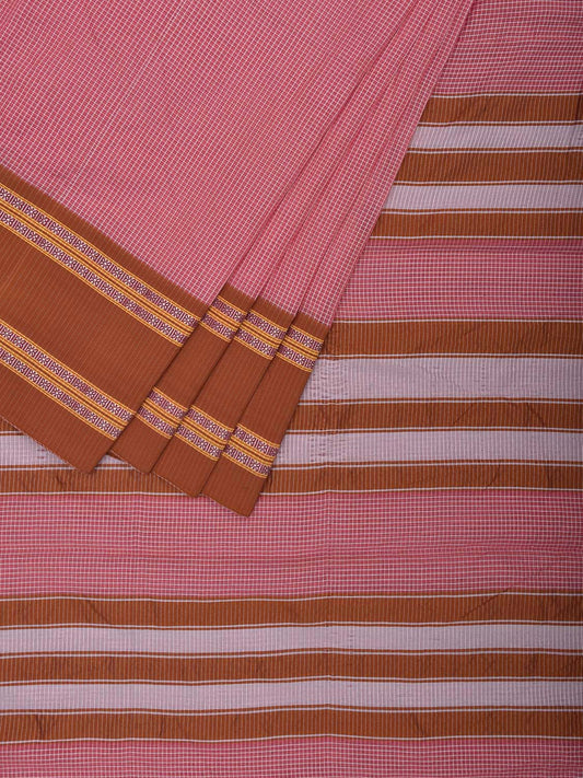 Baby Pink and Fawn Bamboo Cotton Saree with Small Checks Design No Blouse bc0692