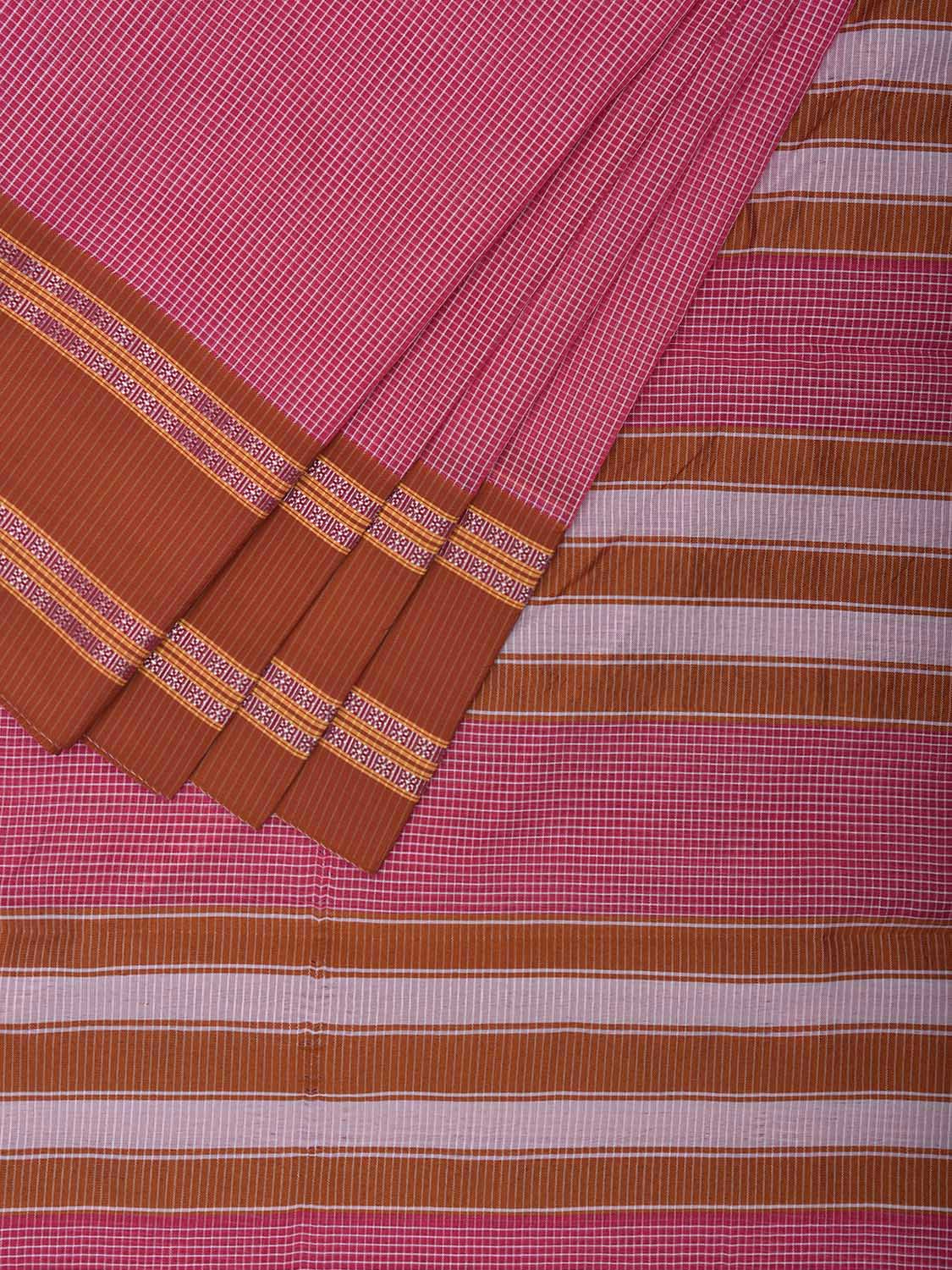 Pink and Fawn Bamboo Cotton Saree with Small Checks Design No Blouse bc0694