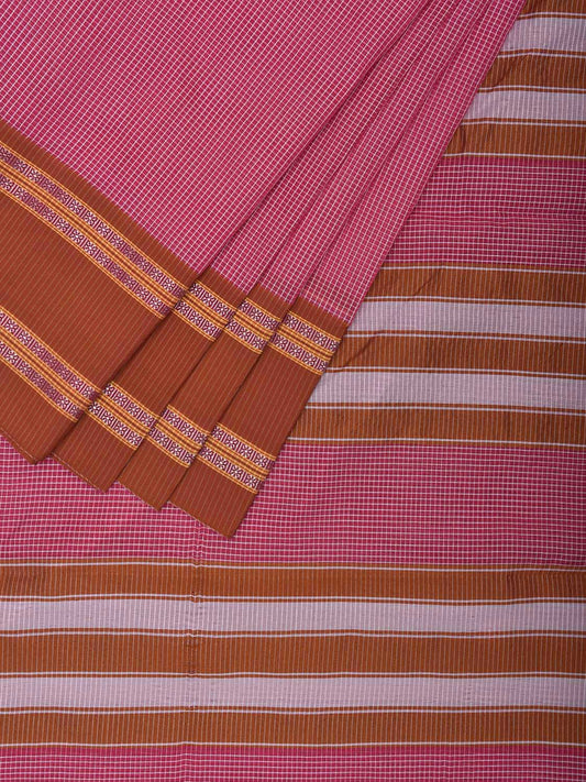 Pink and Fawn Bamboo Cotton Saree with Small Checks Design No Blouse bc0694