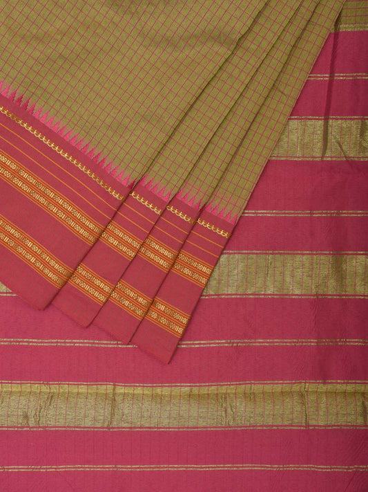 Light Green and Pink Bamboo Cotton Viscose Silk Saree with Checks Design No Blouse bc0695