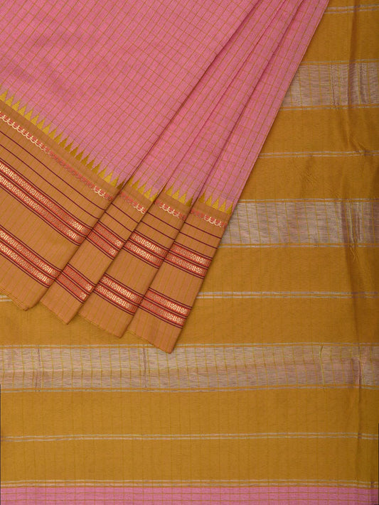 Light Pink and Olive Bamboo Cotton Viscose Silk Saree with Checks Design No Blouse bc0696