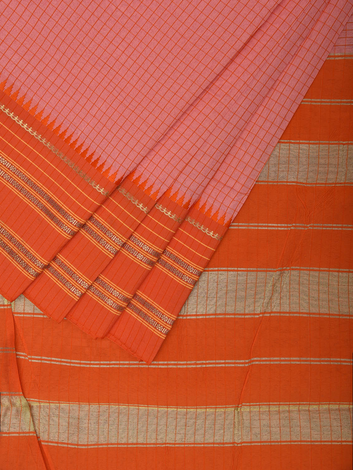 Light Pink and Orange Bamboo Cotton Viscose Silk Saree with Checks Design No Blouse bc0697