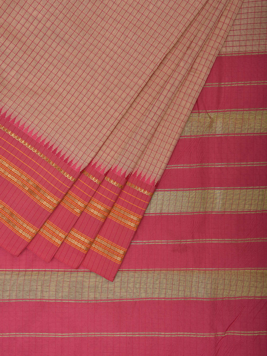 Cream and Pink Bamboo Cotton Viscose Silk Saree with Checks Design No Blouse bc0698