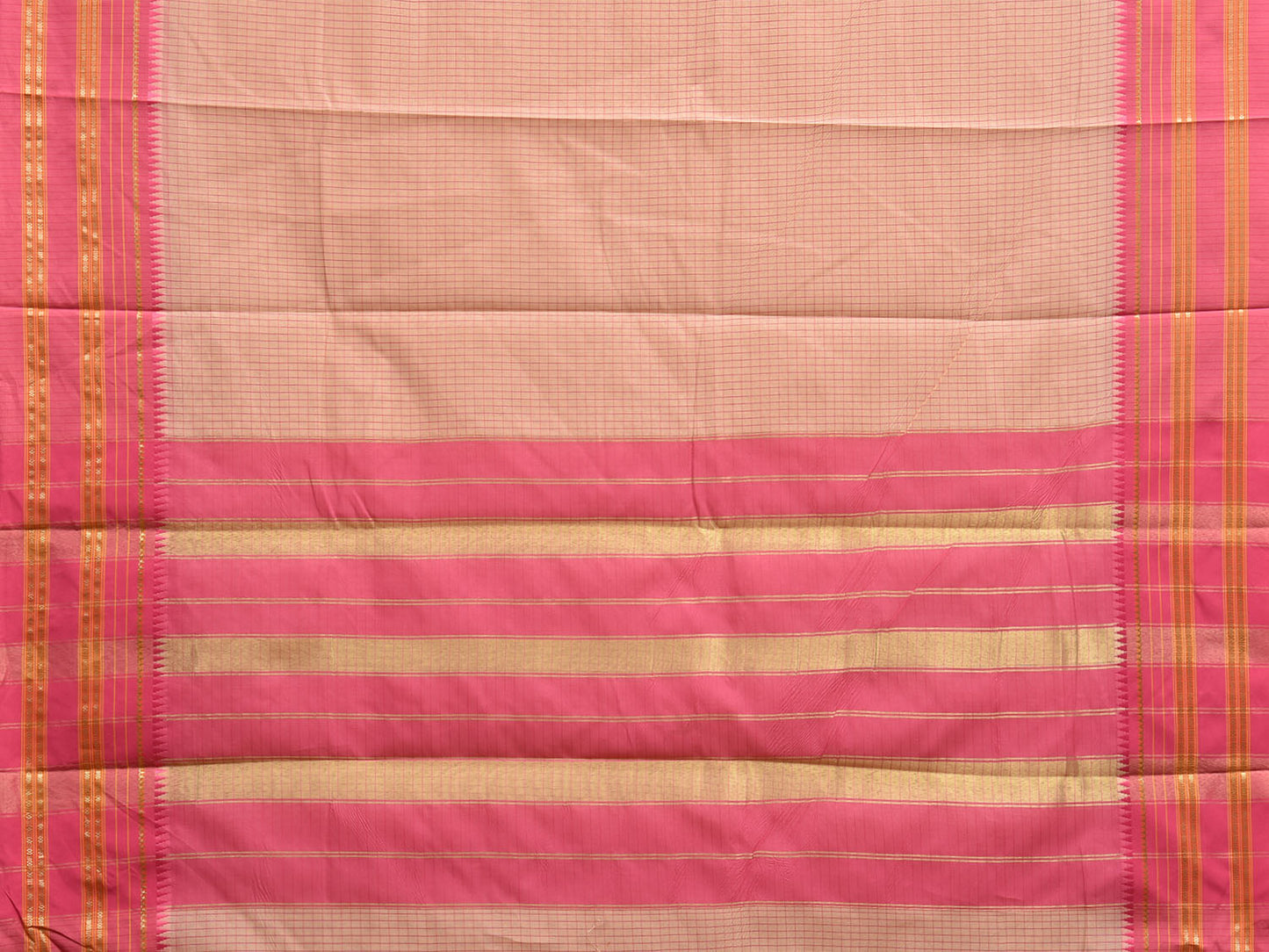 Cream and Pink Bamboo Cotton Viscose Silk Saree with Checks Design No Blouse bc0698