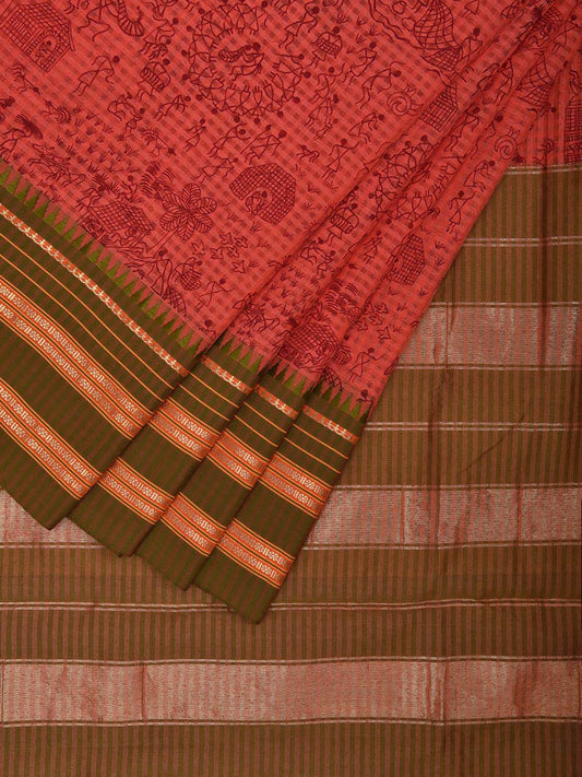 Peach and Green Bamboo Cotton Viscose Silk Saree with Digital Print Design bc0699