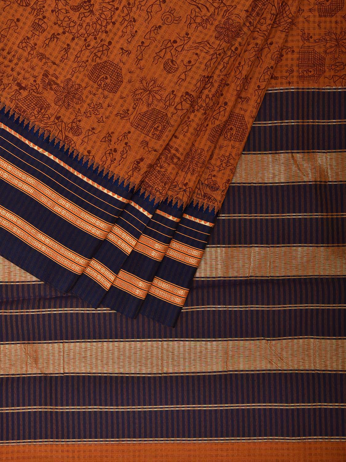 Orange and Dark Blue Bamboo Cotton Viscose Silk Saree with Digital Print Design bc0700