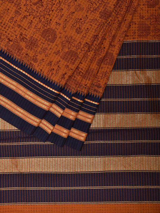 Orange and Dark Blue Bamboo Cotton Viscose Silk Saree with Digital Print Design bc0700