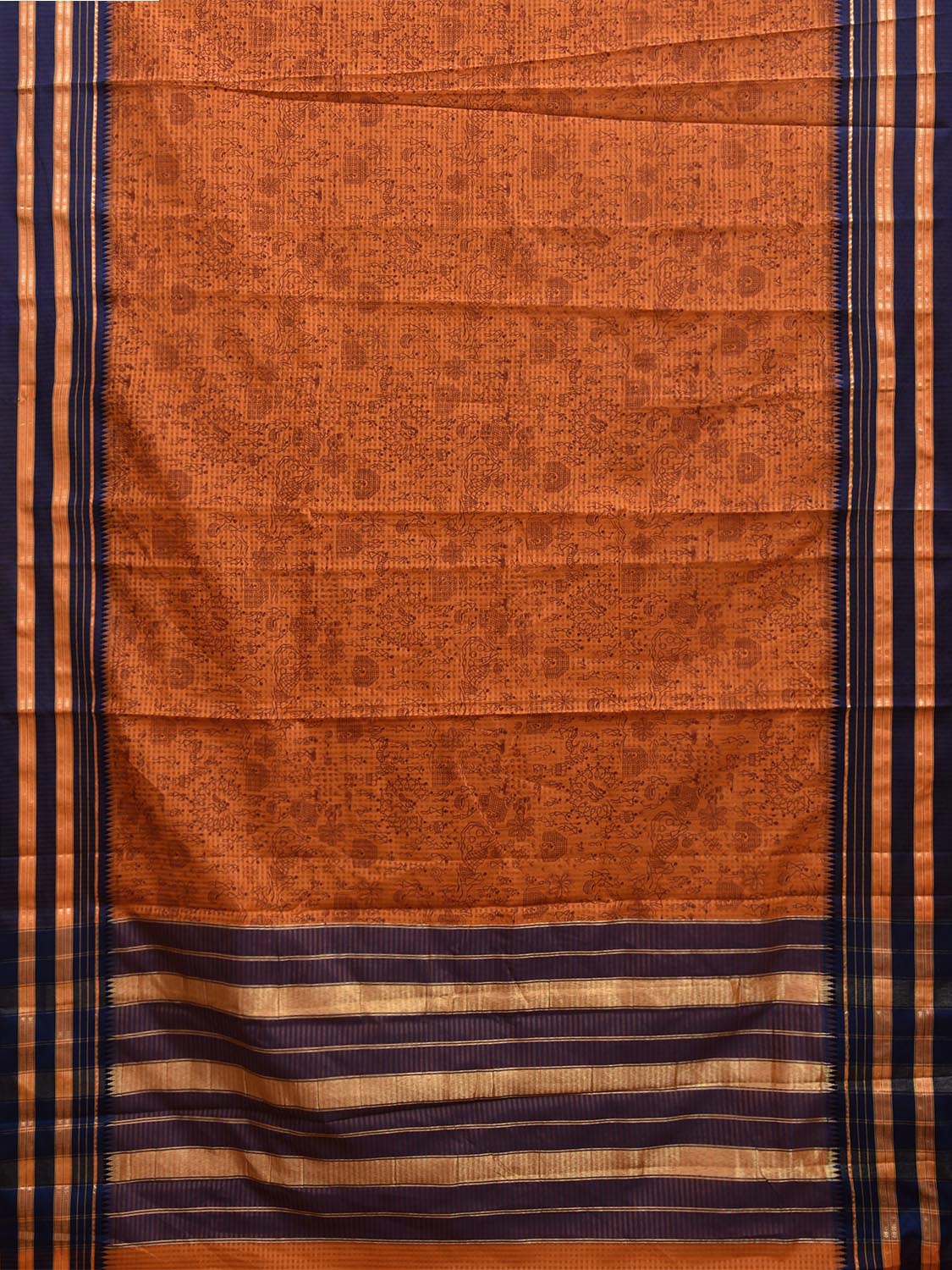 Orange and Dark Blue Bamboo Cotton Viscose Silk Saree with Digital Print Design bc0700