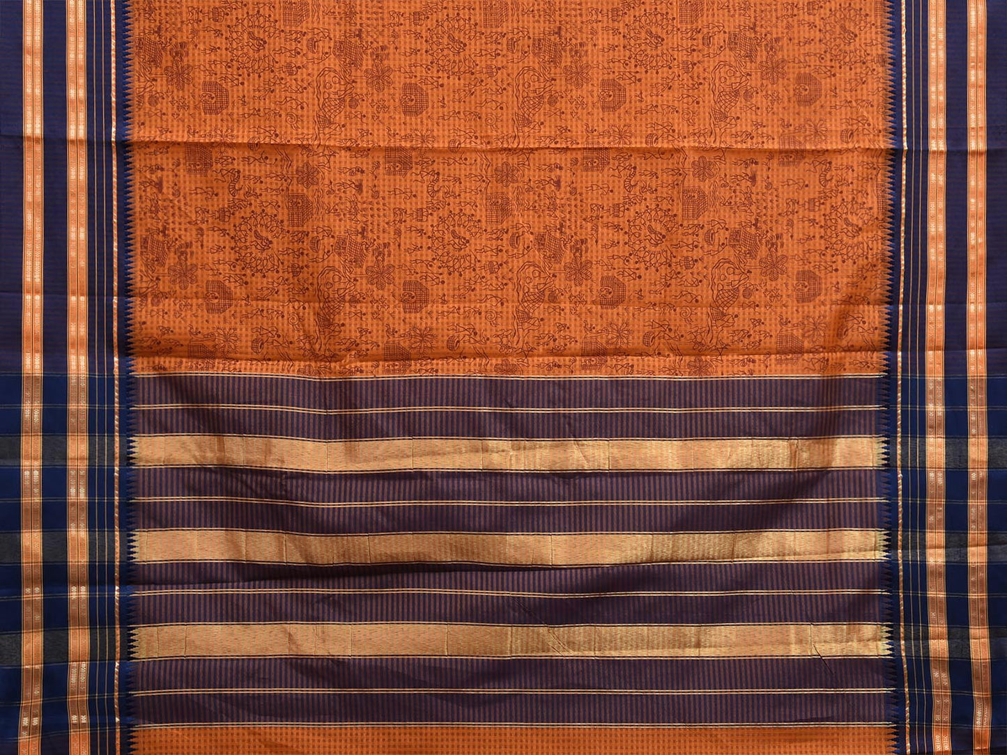 Orange and Dark Blue Bamboo Cotton Viscose Silk Saree with Digital Print Design bc0700