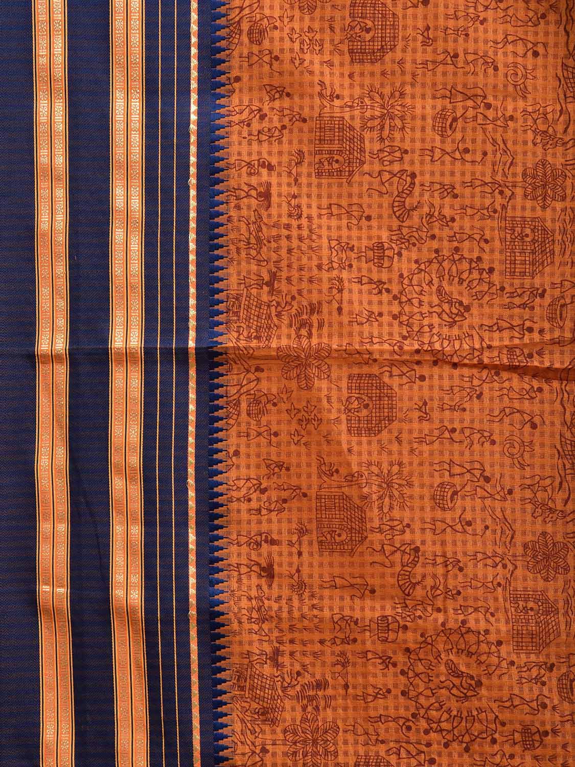 Orange and Dark Blue Bamboo Cotton Viscose Silk Saree with Digital Print Design bc0700