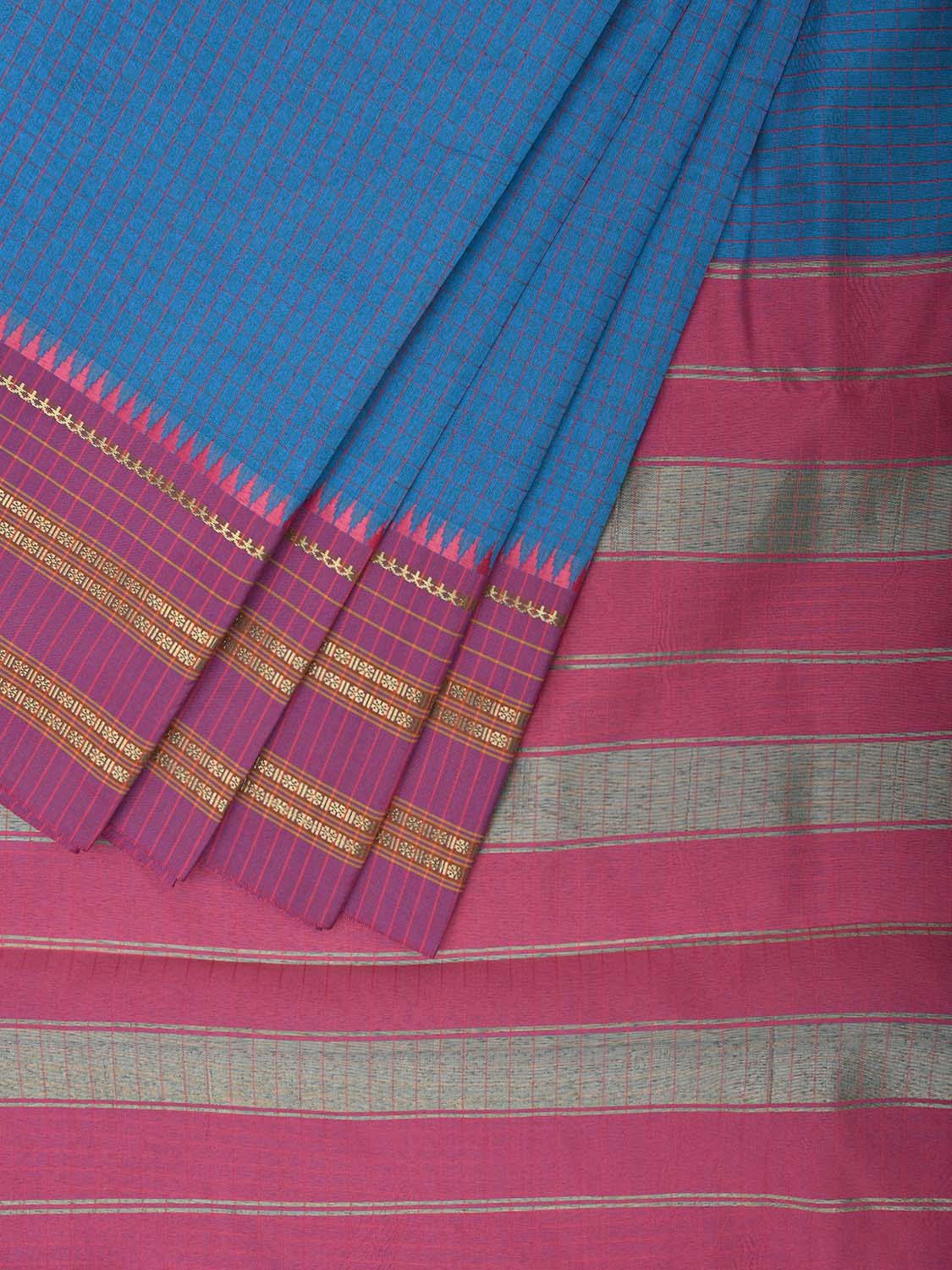Blue and Pink Bamboo Cotton Saree Viscose Silk with Checks Design No Blouse bc0702