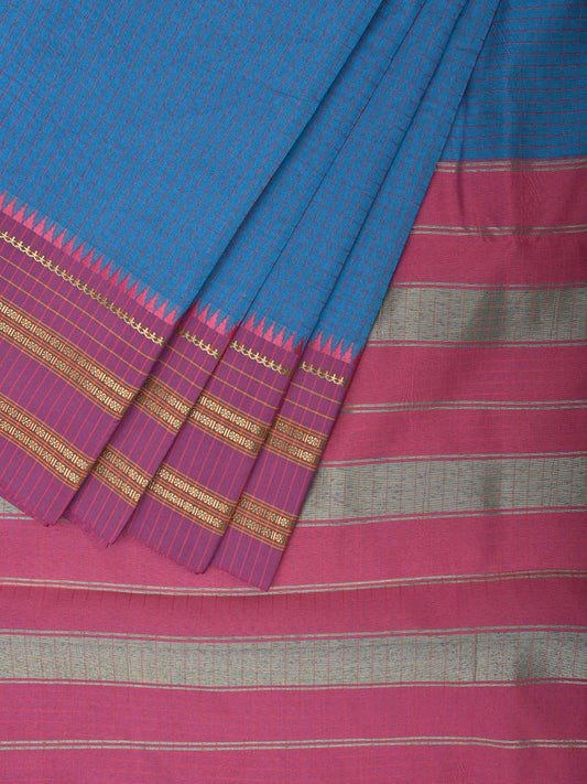 Blue and Pink Bamboo Cotton Saree Viscose Silk with Checks Design No Blouse bc0702