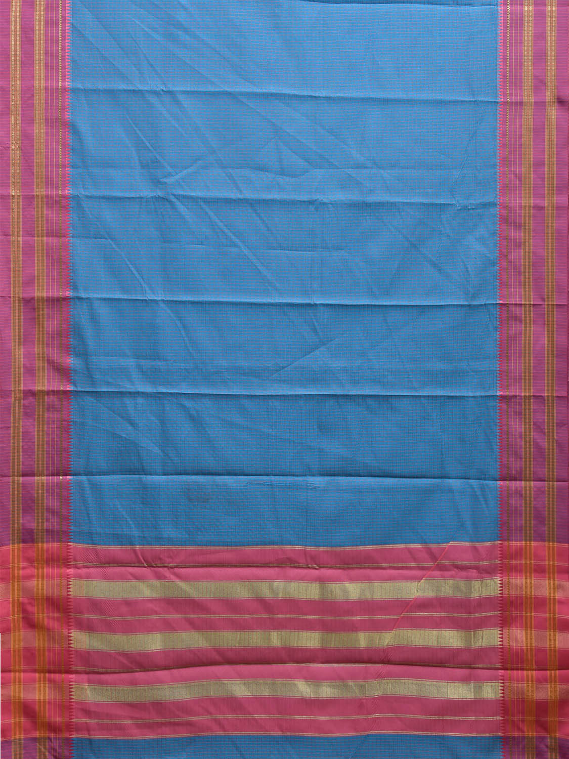 Blue and Pink Bamboo Cotton Saree Viscose Silk with Checks Design No Blouse bc0702