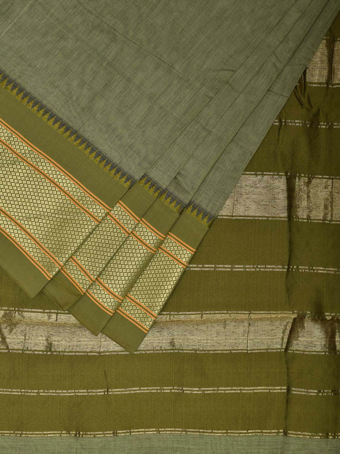 Sea Green and Olive Bamboo Cotton Plain Saree with Contrast Pallu Design No Blouse bc0704