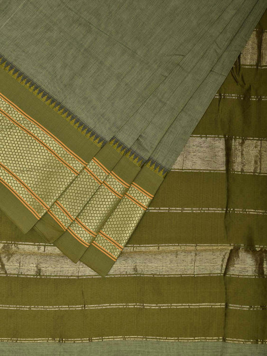Sea Green and Olive Bamboo Cotton Plain Saree with Contrast Pallu Design No Blouse bc0704
