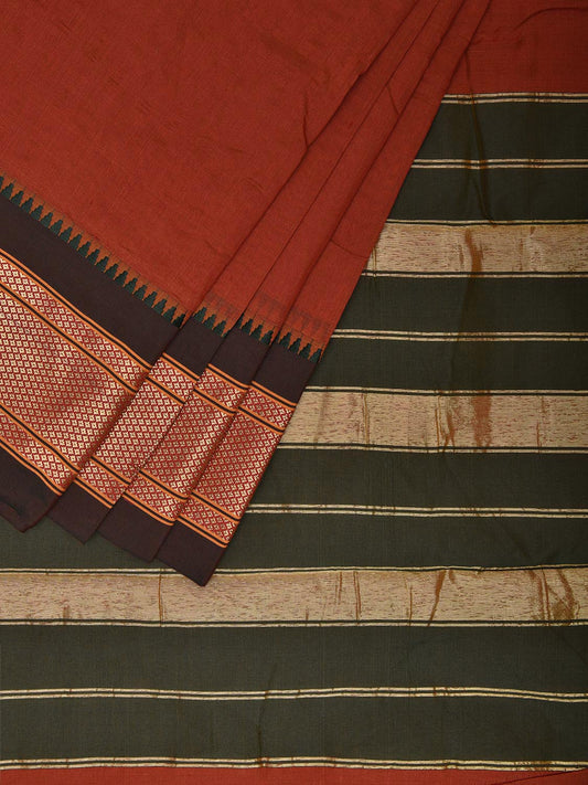 Rust and Green Bamboo Cotton Plain Saree with Contrast Pallu Design No Blouse bc0705