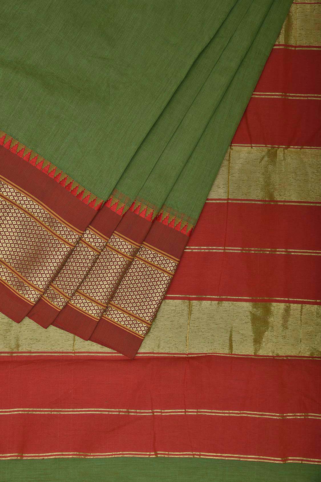 Green and Red Bamboo Cotton Plain Saree with Contrast Pallu Design No Blouse bc0706
