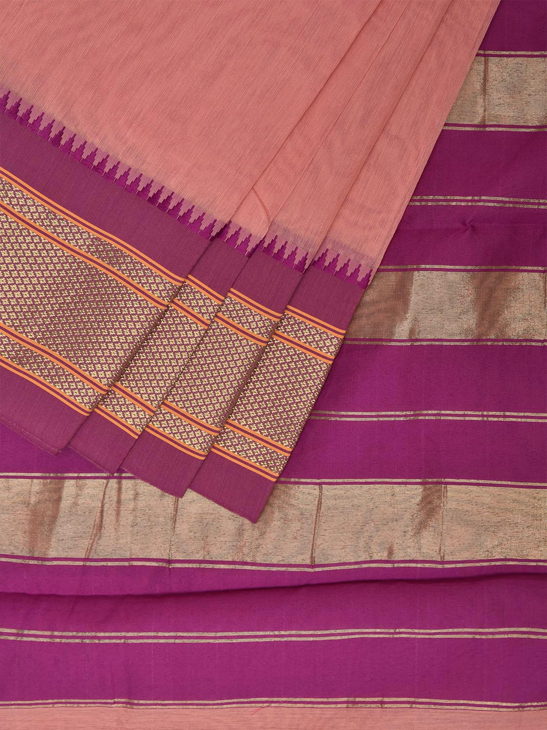 Peach and Pink Bamboo Cotton Plain Saree with Contrast Pallu Design No Blouse bc0710